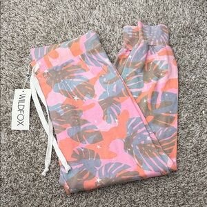 Wildfox Pink Coral & Gray Tropical Leaf Lounge Joggers